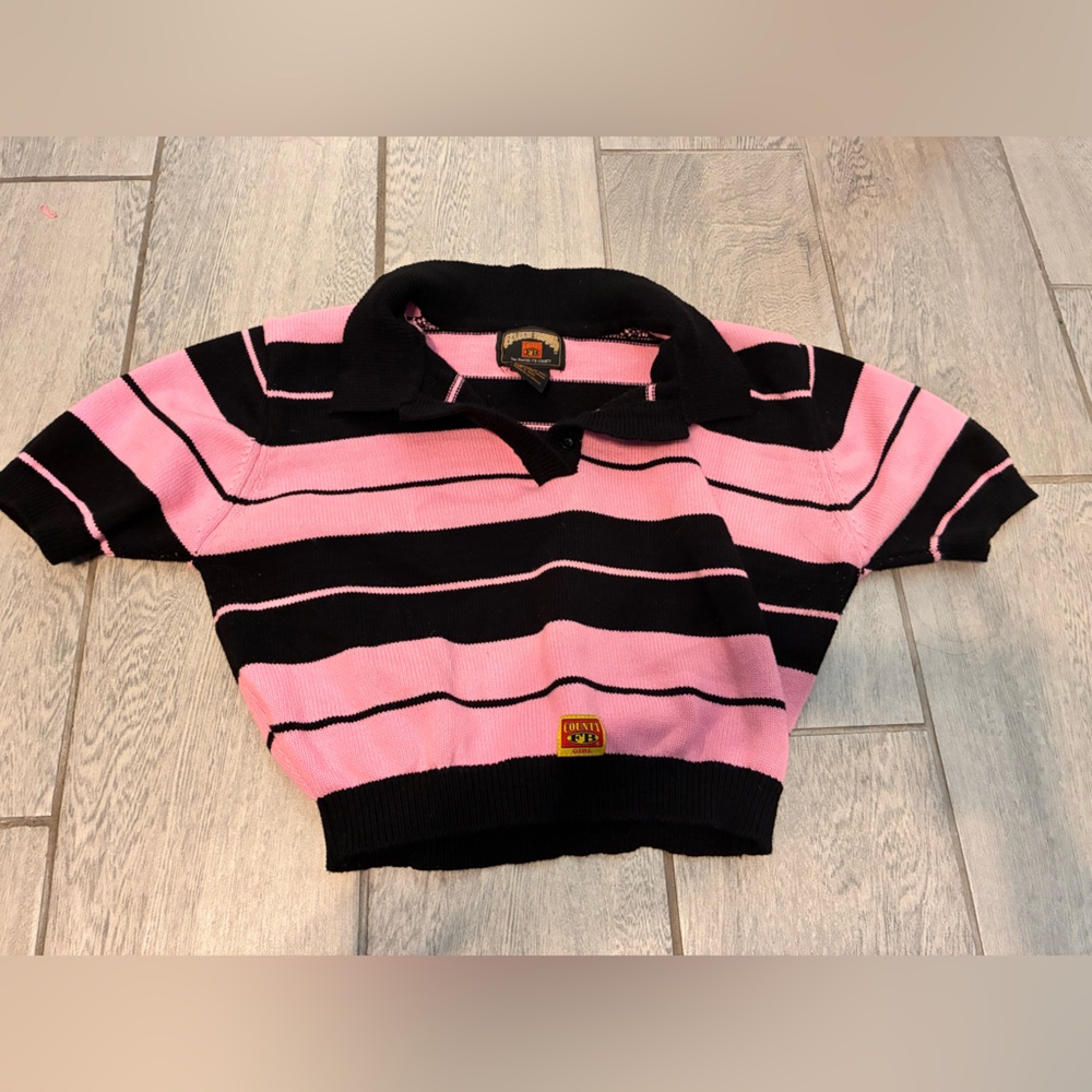 CHARLIE B Pink and Black Striped Polo Knit